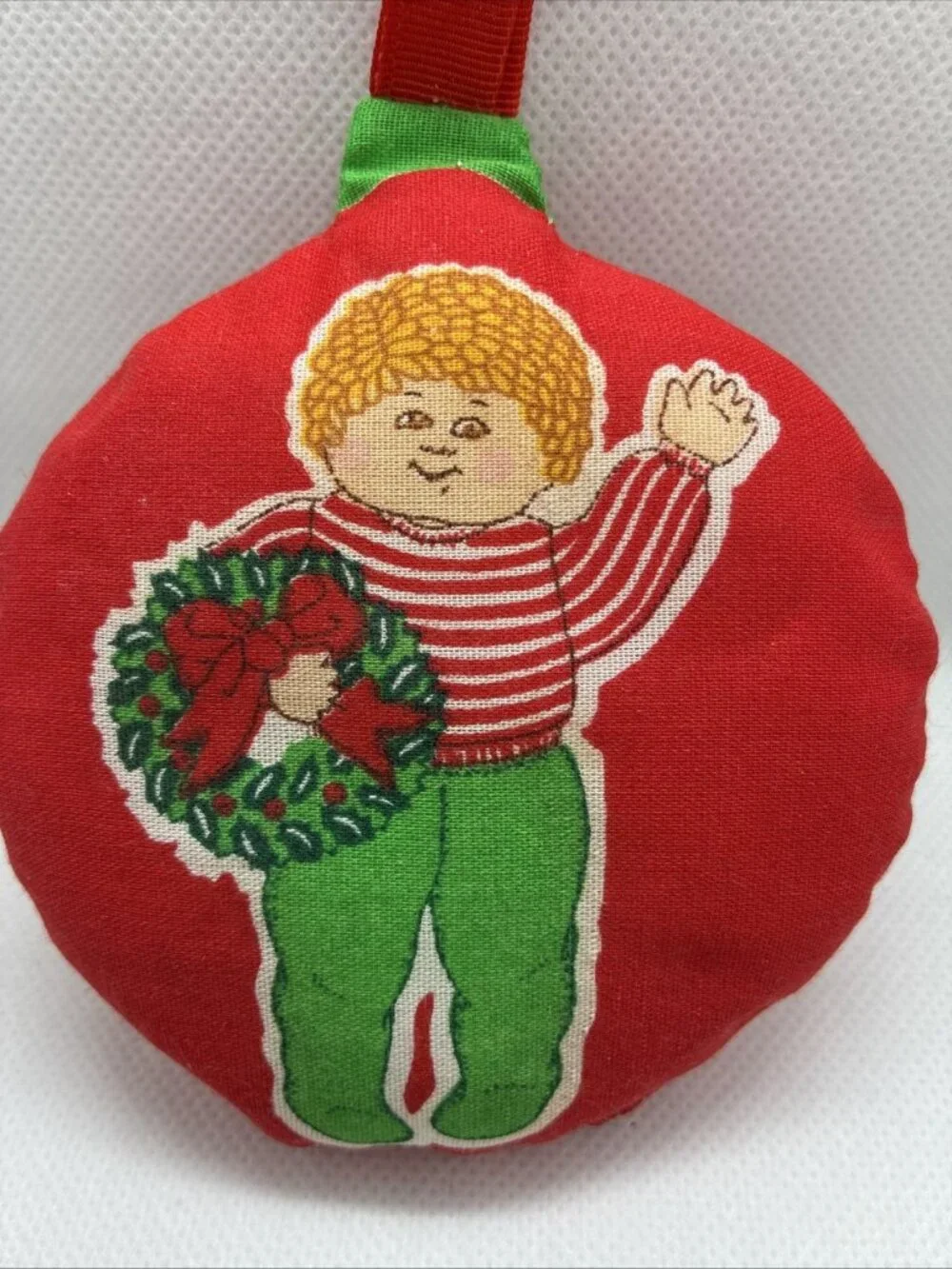 Vintage Handmade Cloth Christmas Ball Ornament 80s Patch Kid Red Green